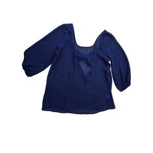 Everly Sheer Navy Blouse With Bow Detail & 3/4 Sleeves M Polyester Womens Top